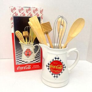 Coca-Cola 1995 Enesco Ceramic Pitcher & Wooden Utensils Kitchen Set Vintage